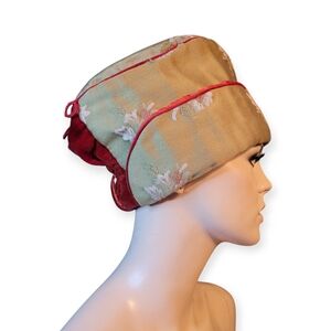Vintage Chinese Silk Hat Floral Embroidery green-gold and red antique